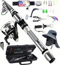 Portable Fishing Spinning Rod and Reel Combo Set Carbon Fiber Fluorescent Rod Tip, with Fishing Lures Line Carrier Bag Kits for Travel Surf Saltwater Freshwater