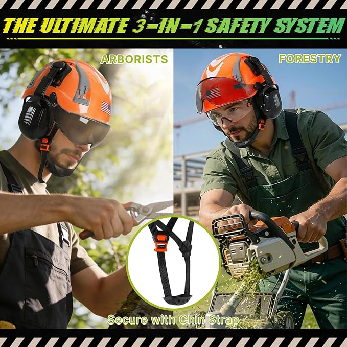 Hard Hat with Dual Visor and Hearing Protection-OSHA Approved Construction Hard Hats with Visor Sunglasses Earmuffs for Men,Vented Forestry Chainsaw Arborist Helmet with Chin Straps