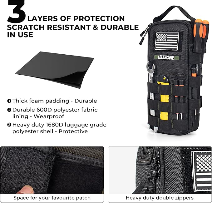 Portable Small Tool Bag, Organizer Storage Box for EDC, Motorcycle, Road Bike, Electricians and More with US Flag Patch and Heavy Duty Grab Handle, Multi-Purpose Utility Work Organizer Bag
