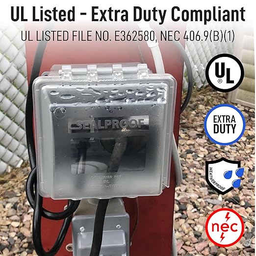 Sealproof 2-Gang Weatherproof Exterior in Use Outlet Cover and Box Kit - Double Gang Metallic Electrical Outlet Box with Three 1/2-Inch Holes and UL Extra Duty, Lockable, in Use Outdoor Outlet Cover