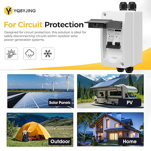 25 Amp DC Solar Panel Disconnect Switch 4 Holes AC Miniature Circuit Breaker Box 500V 2 Poles with IP65 Waterproof UV-Proof Box for Outdoor Solar PV Homes Battery