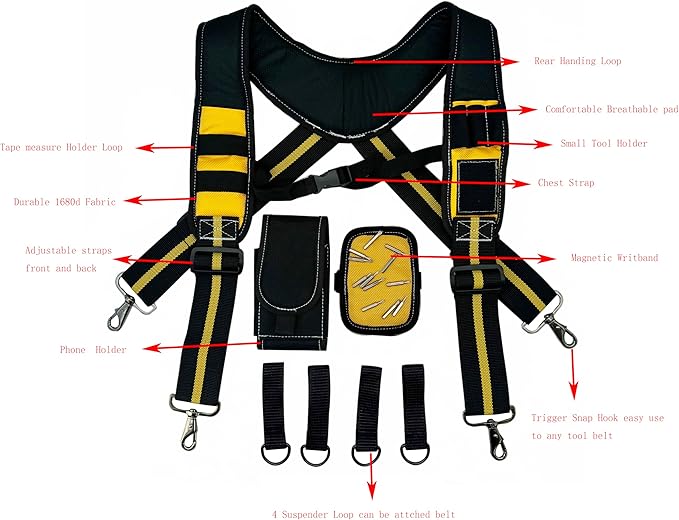 Tool Belt Suspenders for Work Belt Heavy Duty Padded with Magnetic WristBand Attachment Loops for Men