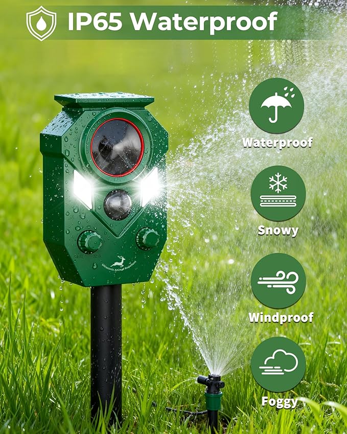 Solar Deer Repellent Devices Outdoor - Ultrasonic Animal Repellent with Motion Sensor & Strobe Light, Waterproof Animals Deterrent for Yard Garden Farm to Repel Cats, Coyote, Squirrels