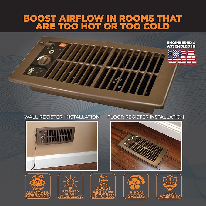 Suncourt Flush Fit Floor/Wall Register Booster Fan — Ultra-Quiet, 5-Speed Vent Fan with Smart Technology and 6-Foot Power Cord, HC500-B (Brown)