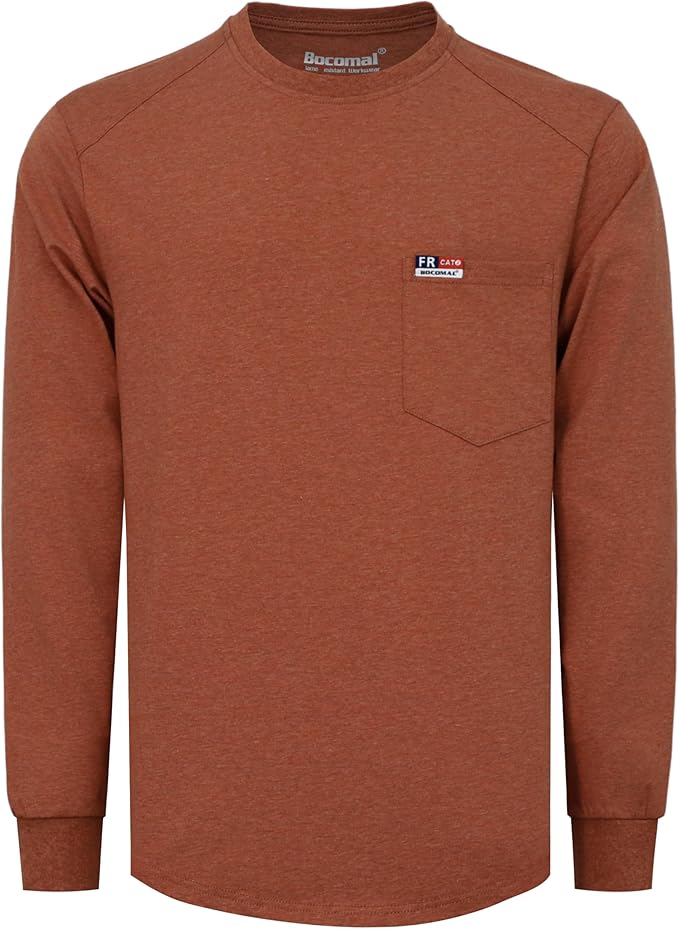 BOCOMAL Men's FR Shirts Long Sleeve Crewneck EX Soft Heather Series 6oz Midweight Flame Resistant Work T Shirt CAT2