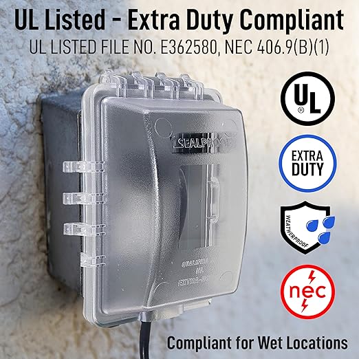 Sealproof 1-Gang Weatherproof Exterior in Use Outlet Cover and Box Kit - Metallic Electrical Outlet Box and UL Extra Duty, Lockable, in Use Outdoor Outlet Cover - Horizontal/Vertical Use