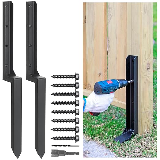 Heavy Duty Steel Repair Stakes, Anchor Ground Spike, for Repair Tilted/Broken Wood Fence Post (2 Pack/Black）