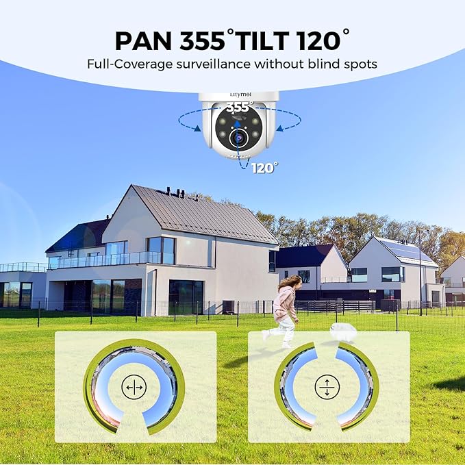 2K 360° View Security Cameras Wireless Outdoor, Solar Cameras for Home Security, Color/IR Illumination Night Vision, AI Detection, 2-Way Audio, Siren Alarm, SD/Cloud Storage, 2.4g WiFi