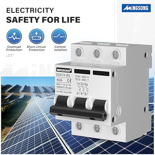 DC Solar Panels Disconnect Switch 40 Amp Solar Shut Off Switch 12V-400V 3 Poles AC Miniature Circuit Breaker for PV Homes, AC 110V DIN Rail MCB