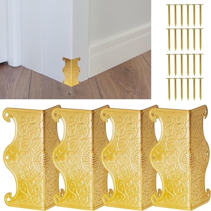 4 Pcs Baseboard Corner Protectors,Vintage Metal Skirting Board Corner Protectors for File Boxes,Bookshelves,Wooden Cases,Jewel Cases Decorative (Gold)