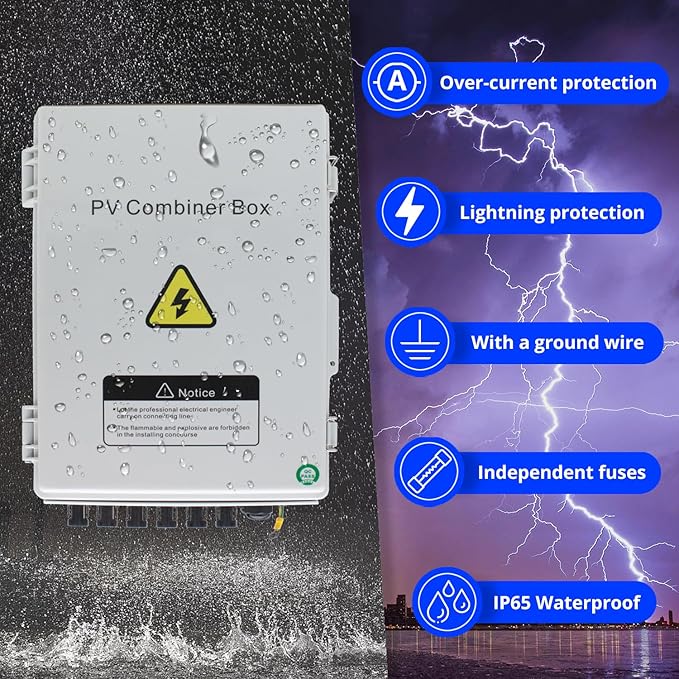 Solar Combiner Box, HXH PV Combiner Box 6 String with a 550V 2P 63A DC Circuit Breakers & Lightning Arreste for Solar Panels, IP 65 Waterproof