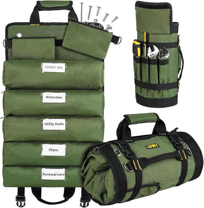 Tool Bag,Large Roll Up Tool Bag Organizer,13 Pockets Tool Roll Storage Pouch,Heavy Duty Portable Tool Storage Carrier Bag for Men,Mechanic,Electrician,Valentines Day Gifts for Men,Green