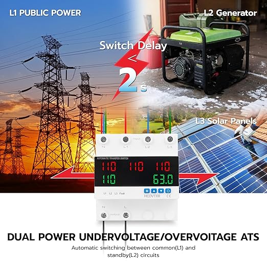 Automatic Transfer Switch 63A 110V Inverter Generator Transfer Switch with 5 Digits LED Display,Three Source Power Selector for Home Generator Grid Inverter Outdoor RV