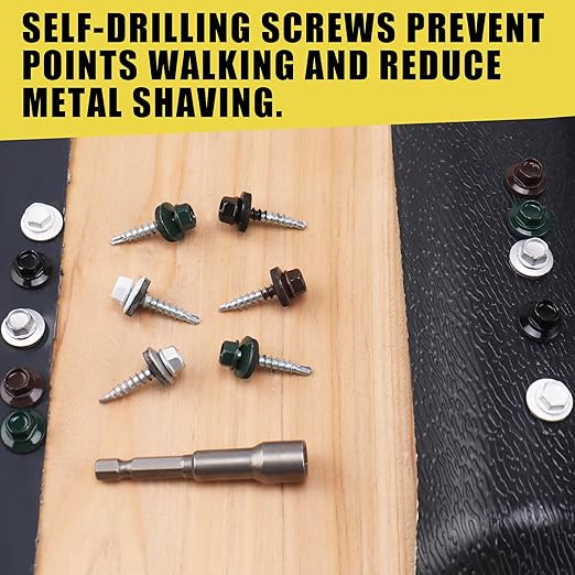 300pcs #10 x 1 Green Hex Head Self-Drilling Metal Roofing Screws, EPDM Washer, Colored Head, Wood Screws, Sheet Metal Roof Screw with Hex Driver Bit