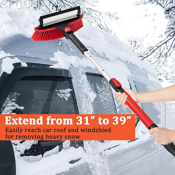 Car Snow Brush Ice Scraper Remover with Squeegee 39inch Long Handle Extendable Snow Removal Tool Windshield Snow Scrapers Removal Shovel for Ice and Snow Red Color