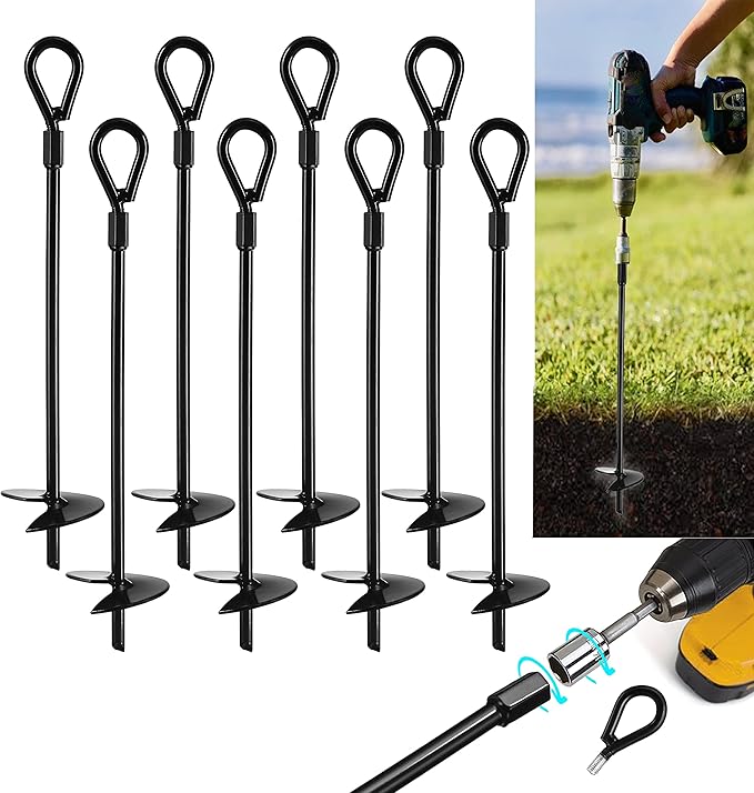 VASGOR 15” Ground Anchors (8pcs) Easy to Use with Drill, 3" Helix Diameter, Heavy Duty Anchor Hook for Camping Tent, Canopies, Car Ports, Sheds, Swing Sets, Securing Animals – Black Powder Coated (8)