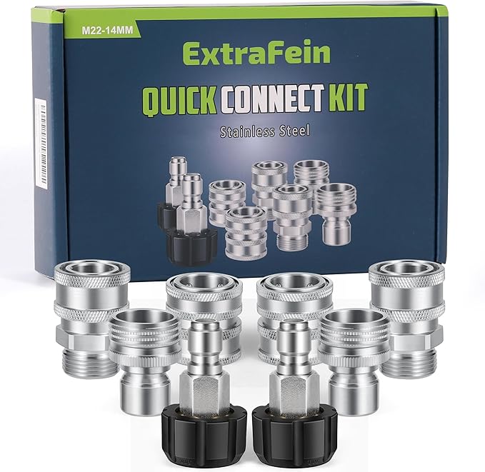 Premium Pressure Washer Quick Connect Kit - M22 Swivel to 3/8'' Quick Connect, 3/4'' to Quick Release, M22 14mm Power Washer Adapter Set Quick Connect Pressure Washer Fittings (Stainless Steel)