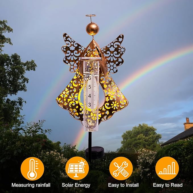 Solar Rain Gauge Outdoor,Decorative Angel Rain Gauges Outdoors Best Rated,Large Plastic Tube Freeze Proof Water Gauge for Yard Patio Lawn Garden Decor Gift for Women Measuring Precipitation