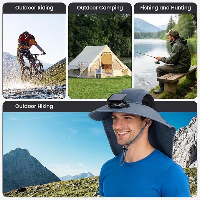 Solar Fan Hat Wide Brim Hat with Fan Sunscreene Neck Flap 3-Speed Outdoor Sun Hat for Fishing,Hiking,USB Solar Charging