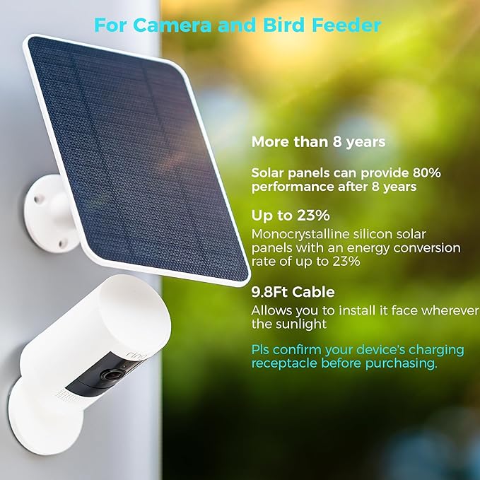 5V Solar Panel for Seucrity Cameres, For Bird Feeder Trail Cam, Ring Tapo Eufy Vicohome Eseecloud, Native USB-C, Micro-USB & DC 3.5mm*1.35mm 9.8 Ft Cable 23% Energy Conversion 180 Days Exchange Policy