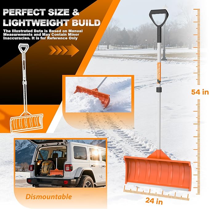 Snow Pusher, 24-inch Wide Snow Shovel for Driveway, Snow Removal Tool for Car Garage, Sidewalks and Doorways, Snow Pusher Shovel with Ergonomic Grip and Aluminum Strip, Orange