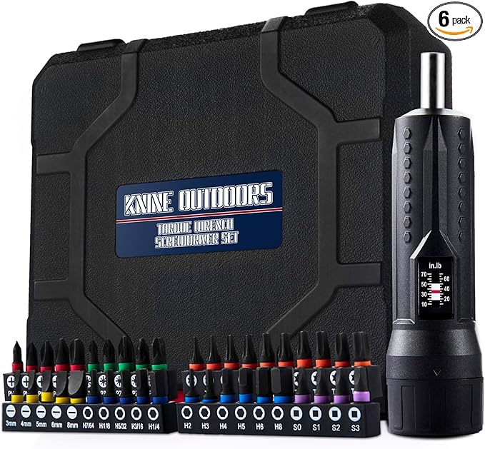 KNINE OUTDOORS Torque Screwdriver Wrench Driver Set 10-70 Inch Pounds lbs for Maintenance with T-bar Handle, 40 Hex Bits, 1/4" Socket, Shaft Extension, For Tools, Bike Repairing and Mounting, Black