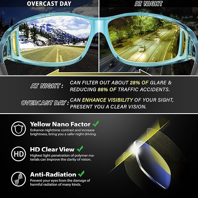 URUMQI Night Vision Driving Glasses Fit Over Eyeglasses for Men Women, Anti Glare Polarized Nighttime Glasses Yellow Lens
