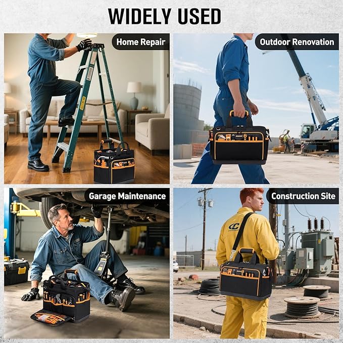 Electrician Tool Bag 17-Inch, 26-Pocket Large Tool Bags for Men Women with Waterproof Hard Bottom & Adjustable Shoulder Strap, Tool Bag Organizer for HVAC Craftsman Contractor Carpenter Electrician