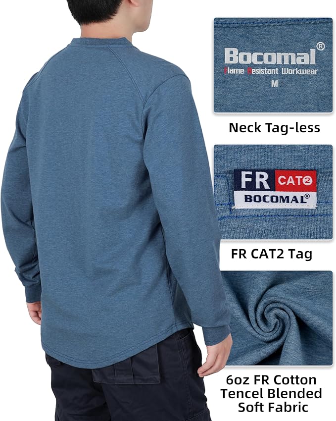 BOCOMAL Men's FR Shirts Long Sleeve Crewneck EX Soft Heather Series 6oz Midweight Flame Resistant Work T Shirt CAT2