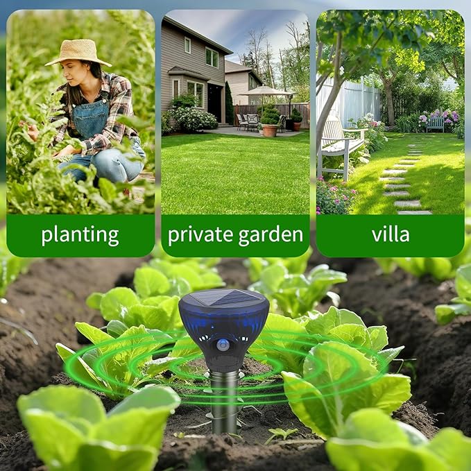 Mole Repellent Ultrasonic Solar Powered Sonic Mole Spikes Outdoor Vole Chipmunk Groundhog Repeller Waterproof Rodent Gopher Snake Deterrent Flash&Vibration is Suitable for Lawn, Courtyard