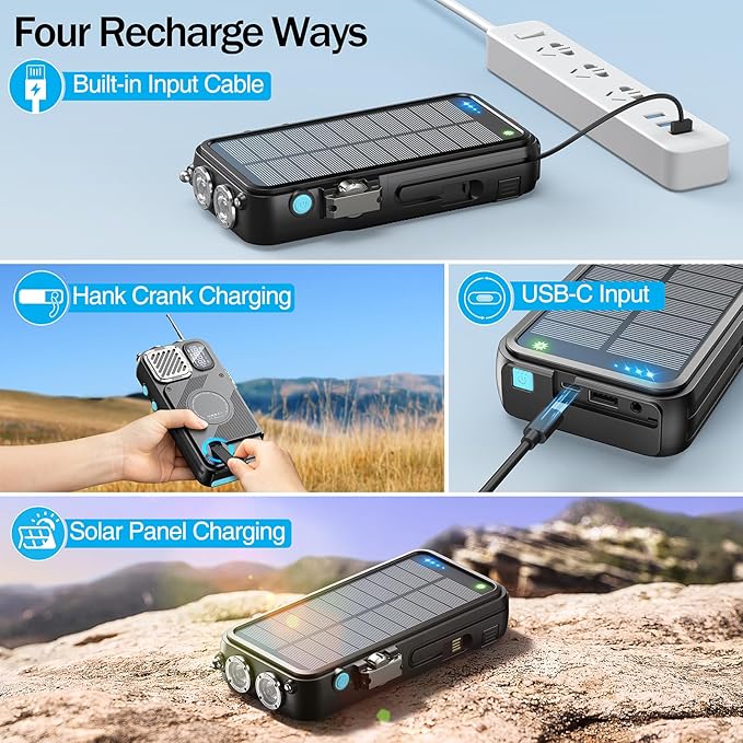 Emergency Radio&22000mAh Solar Power Bank, FM NOAA Weather Radio, Portable Hand Crank Bluetooth Radio, 20W Fast Charge Wireless Phone Charger, SOS Flashlight for Emergency/Home (Blue)