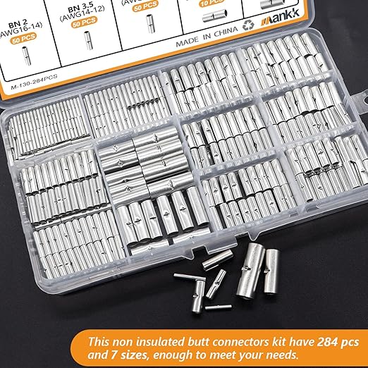 mankk 284PCS Non Insulated Butt Connectors Kit 26-6 Gauge Tinned Red Copper Butt Connector Uninsulated Butt Connector Wire Crimp Connectors for Electrical Appliances Cars Boats etc