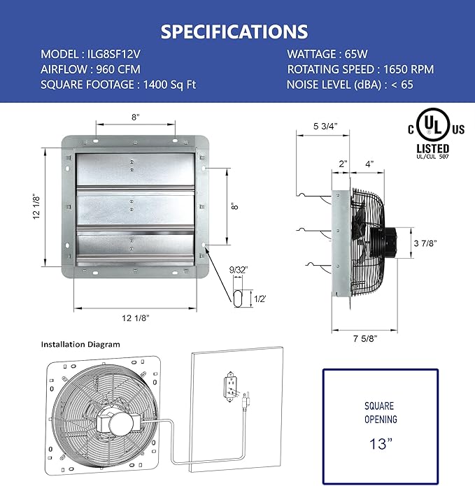 iLiving 12-Inch Wall Mounted Exhaust Fan with Variable Speed, 960 CFM, 1400 SQF Coverage Area, Silver