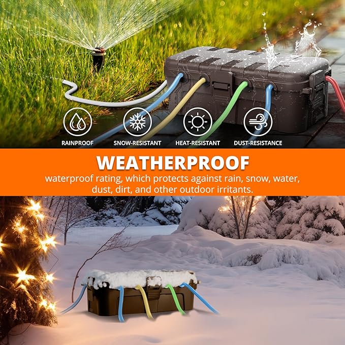 QUOBAS Outdoor Waterproof Electrical Box with 6 Cable Ports, IP54 Weatherproof Heavy-Duty Extension Cord Cover for Power Strips, Garden Power Tools, Holiday Lights, Brown