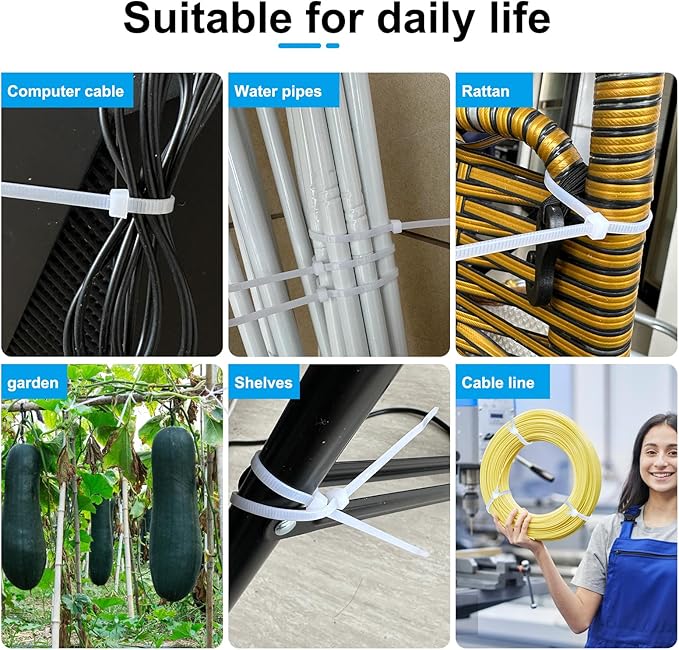White Zip Ties 12 Inch 1000 Pack, 50 lbs Heavy Duty Tensile Strength, UV Resistant Self-Locking Nylon Cable Ties for Bulk Indoor/Outdoor Use (Fence, Garage, Camping)