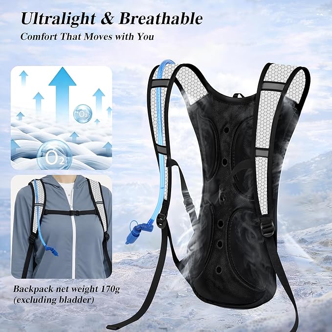 2 Pack Hydration Backpack Pack with 2L Hydration Bladder, TNYSPORT Lightweight Breathable Water Backpack with 3 Layer Pockets, Reinforced Shoulder Straps for Hiking Running Cycling