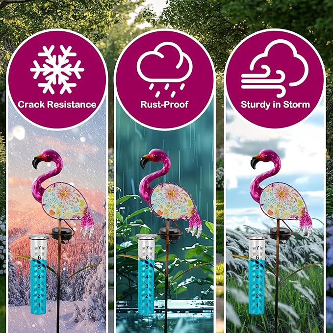 Flamingo Rain Gauge Outdoor - Solar Garden Stake Rain Gauges for Yard with LED Lights & Plastic Measuring Cup for Rain for Lawn, Pathway Decor, Gifts for Wife/Women