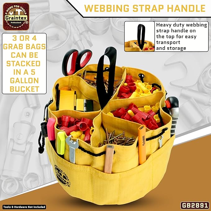 Graintex 18 Pockets Grab Bag Rip-stop Canvas Drawstring Closure, Small Part Organizer Pouch, Small Tools, Screws, Parts, Parachute Tool Bag for Efficient Storage - Yellow