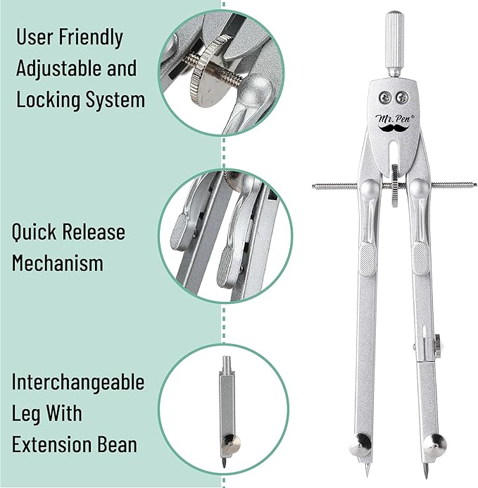 Mr. Pen- Professional Metal Compass with Wheel, Lock and Extension Bar for Geometry, Drafting, Math, Drawing, Compass for Geometry, Tool for Drawing Circles, Drawing Compass