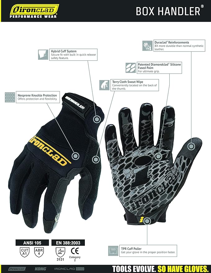Ironclad Box Handler Work Gloves BHG, Extreme Grip, Performance Fit, Durable, Machine Washable, (1 Pair), Black