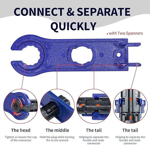 60PCS Solar Connector Crimping Tool Kit for Connecting Solar Panel Cable Wire, with 30 Pairs MC4 Connectors ，AWG13-10 Crimper and Stripper，2pcs Spanner Wrench，Solar Panel Connectors in the bag.