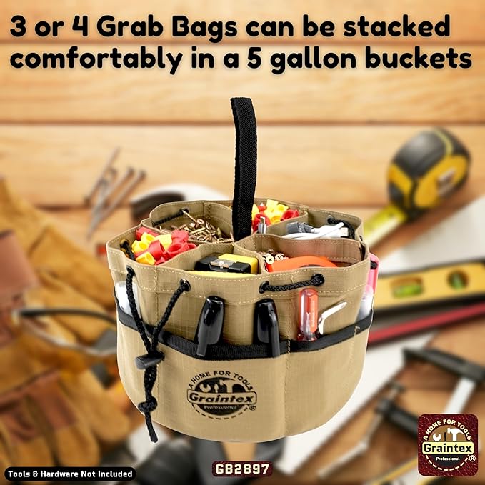Graintex 18 Pockets Grab Bag Rip-stop Canvas Drawstring Closure, Small Part Organizer Pouch, Small Tools, Screws, Parts, Parachute Tool Bag for Efficient Storage - Khaki