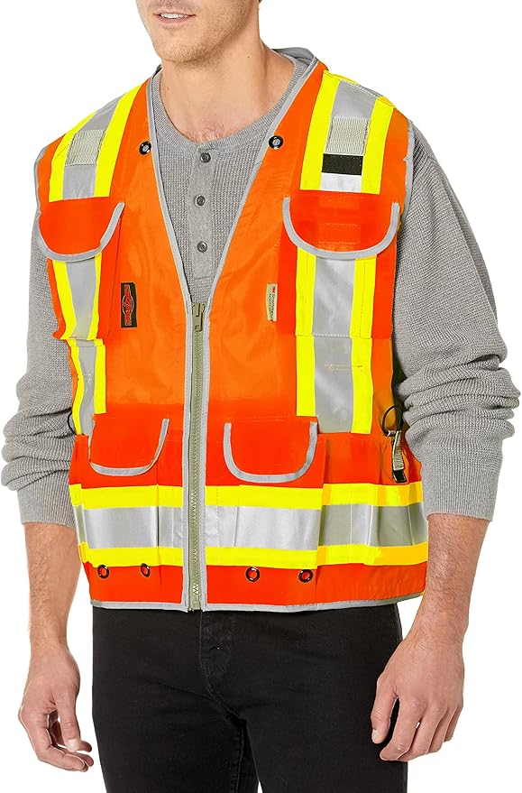 Radians SV55 Class 2 Heavy Woven Two Tone Engineer Vest with Padded Neck to Support Extra Weight in Cargo Pockets, Orange, Large