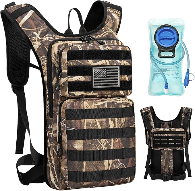 Tactical Hydration Backpack with 2L Water Bladder and Front Small Tactical Pouch, Outdoor Water Backpack for Men Women, Sports Hydration Pack for Hiking, Cycling, Climbing