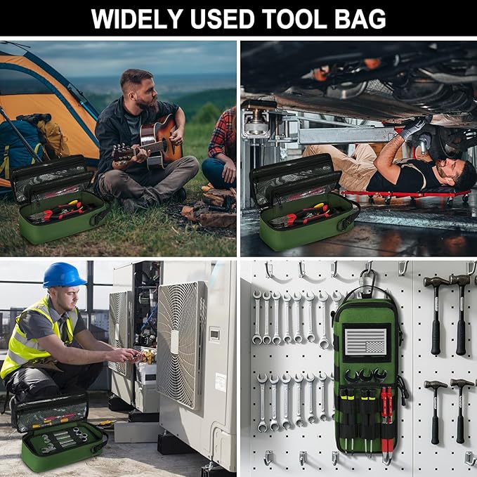 Heavy Duty Small Tool Bags for Men with Carabiner,Tactical Tool Pouch Bag,Portable Utility Tools Storage Organizer Case with Shoulder Strap for EDC,Motorcycle,Camping,Road Trip,Electricians,Green