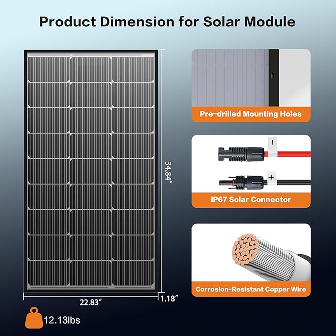 100 Watt Solar Panel, N-Type 16BB 100W Solar Panels, Monocrystalline 25% High Efficiency 12V Solar Module for Boat, Home, RV Battery and Off-Grid Applications