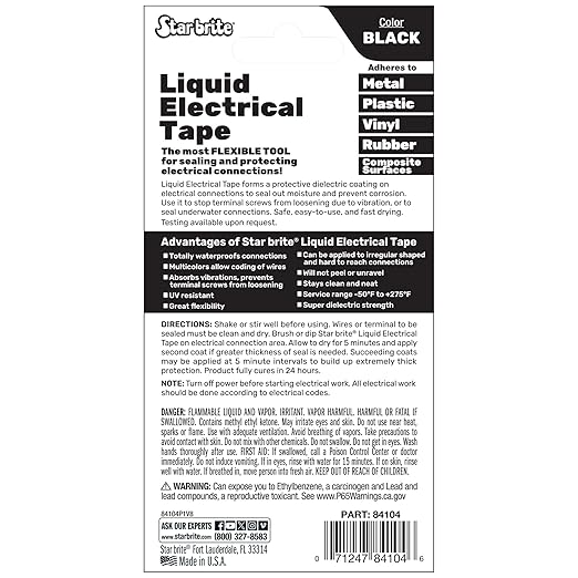 STAR BRITE Liquid Electrical Tape with Applicator Brush Cap - Superior Adhesion & Flexible Protection for Frayed Cables. Terminals & Electric Splices 4 OZ (084104B)