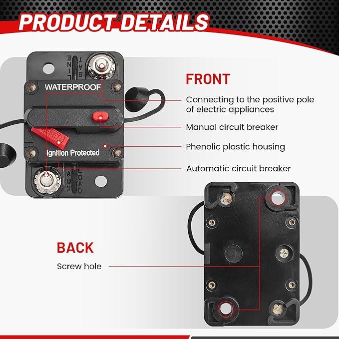 RED WOLF 20A Circuit Breaker Holder W/Manual Reset Switch 12-48V DC for Boat Trolling Motor Marine ATV Trailer Vehicles Stereo Audio Electronic Battery Fuse Solar Power System, 20 Amp Screws