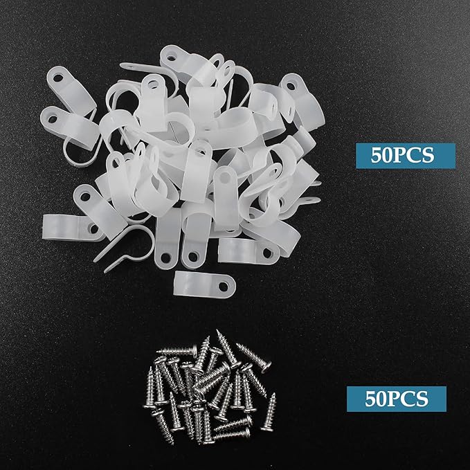 50 Pcs 1/2 Inch R-Type Clip Clamp, Nylon P-Type Mounting Clips, Cable Clip Wire Clamp for Wire Management, Stainless Steel Screws Included