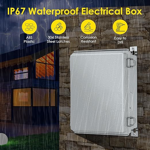 Waterproof Electrical Junction Box Outdoor, IP67 Plastic Weatherproof Electrical Enclosure for WiFi Electronics, with Aluminum DIN Rail, Mounting Plate, Wall Brackets (8.7''x6.7''x4.3)